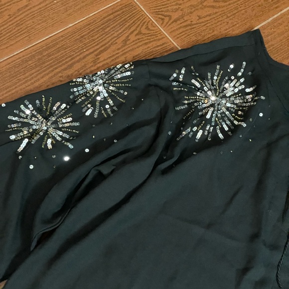 Dex Black Semi Sheer silver star burst sequin blouse long sleeve size 1X tassels - Picture 4 of 16
